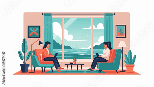 Two people work on laptops from home, facing a scenic water view