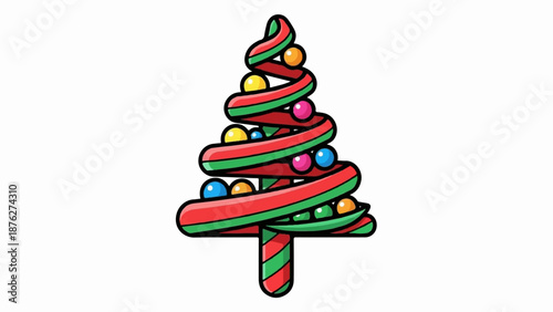 Whimsical candy cane tree adorned with colorful baubles, a festive winter decoration