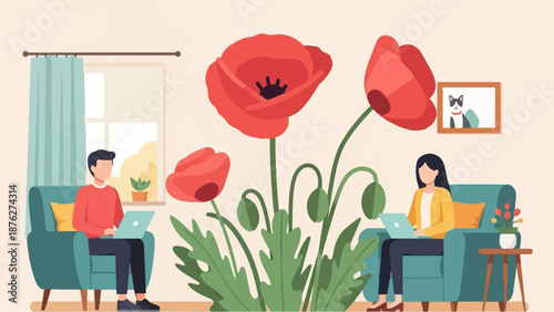 Two people work on laptops at home, seated in armchairs, with large poppies and framed pet portrait