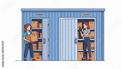 Two women organizing boxes in a blue corrugated storage unit