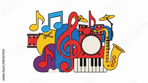Vibrant musical instruments and notes in a playful cartoon style
