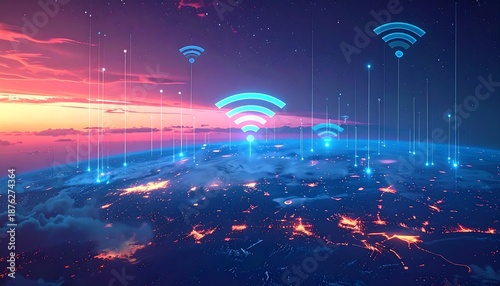 Earth globe view under a sky with communication network/wifi connection symbols rising from cities into the atmosphere