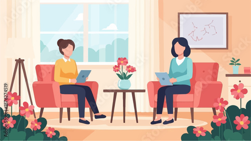 Two women sit in armchairs looking at tablets with flowers and a window in the background