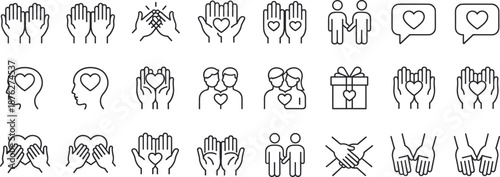 Set of hand heart symbols and couple in black and white