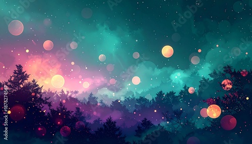 Enchanting ethereal forest landscape with glowing orbs and a mystical starry night sky