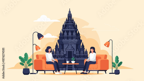 Two women sit on orange sofas in front of a grand temple, with lamps and plants