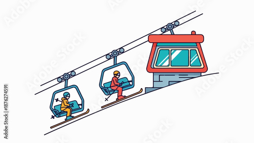 Two skiers ascend a slope on a ski lift, with a station visible