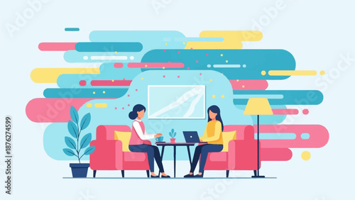 Two women sit on sofas in a room with a table, laptop, lamp, and abstract shapes