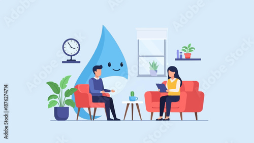 Two people sit on chairs, talking in a room with plants and a clock