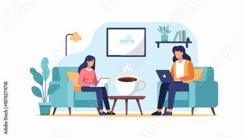 Two women working on laptops and enjoying coffee at home