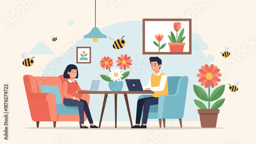 Two people sit on chairs, working on laptops near flowers and buzzing bees