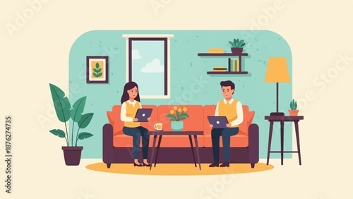 Two people sit on a sofa using laptops, with plants and decor in the room