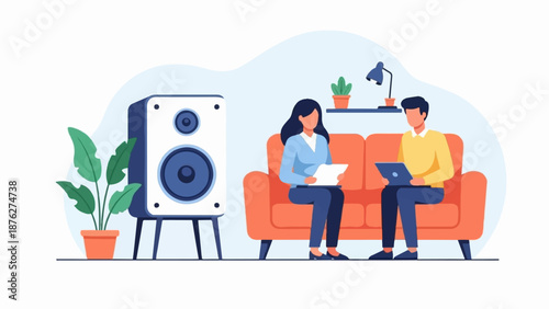 Two people sit on a sofa with a speaker and plant nearby in a minimalist room