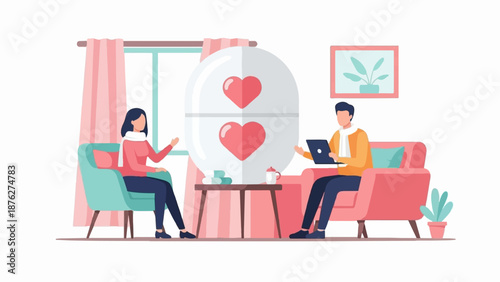 Two people sit in comfortable chairs facing each other, a large pill with hearts between them