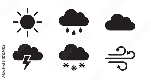 Weather forecast vector icon set depicting sun rain and storm symbols