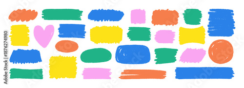 Crayon frame collection with crayon-style borders and paint textures. Round, oval, heart and rectangle shapes. Vector illustration.
