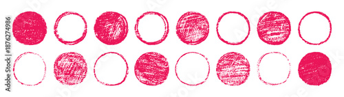 Hand-drawn crayon circle with grunge texture and rough brush strokes, perfect for childish doodle designs, badges, or watercolor crayon art projects. Red vector illustration.