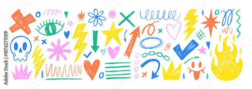 Hand-drawn fire flames stickers with punk crayon doodles, hearts, and graffiti-style markers in vibrant Y2K art aesthetic for street designs.