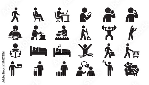 Daily routine and human activity vector icon set depicting lifestyle scenes
