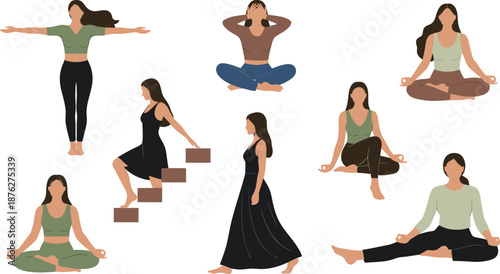 Collection of diverse women in various yoga and meditation poses, flat illustration style for wellness and mindfulness concepts
