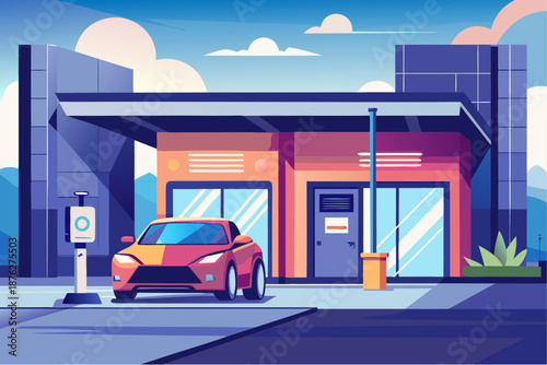 Red electric car parked at a modern charging station in front of a contemporary building on a clear sunny day