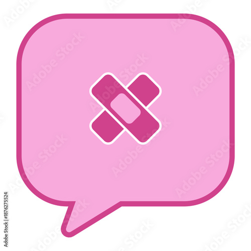 Pink speech bubble with band aid symbol inside.