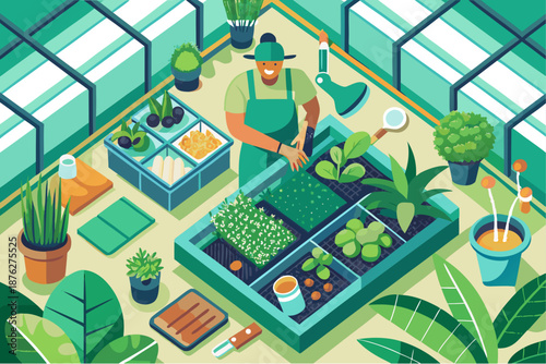 Smiling gardener working in a modern greenhouse surrounded by plants, vegetables, tools and vibrant greenery