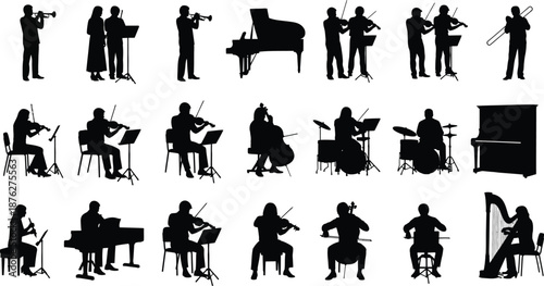 Silhouettes of classical orchestra musicians playing violin, cello, trumpet, piano, and harp on a white background