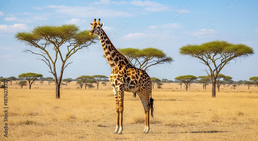 Obraz premium Giraffe standing tall on African savanna with long neck, patterned coat, and calm posture. The tallest land animal, symbolizing grace, uniqueness, and wildlife of Africa.