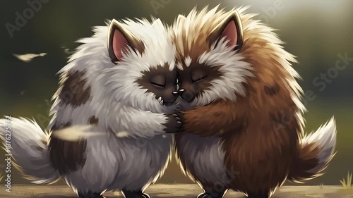 Two Adorable Fluffy Creatures Hugging and Kissing in Nature.