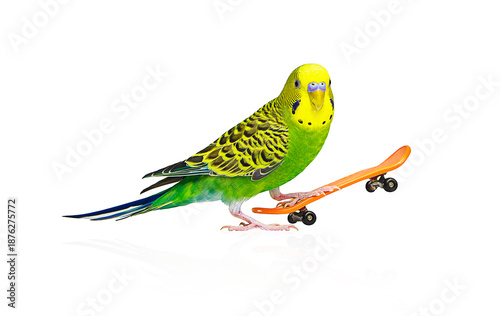 a green parrot with a yellow head on a skateboard on an isolated white background