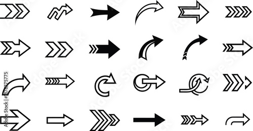 Set of black directional arrow symbols with solid and outline designs for web and print