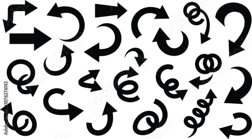 Assorted hand-drawn chunky black arrows and circular symbols for creative layout and ui design