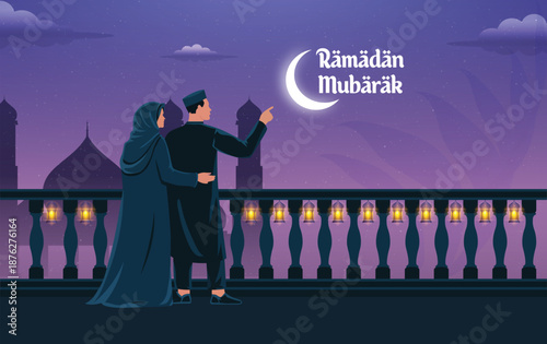 Couple Celebrating Ramadan Mubarak with Crescent Moon