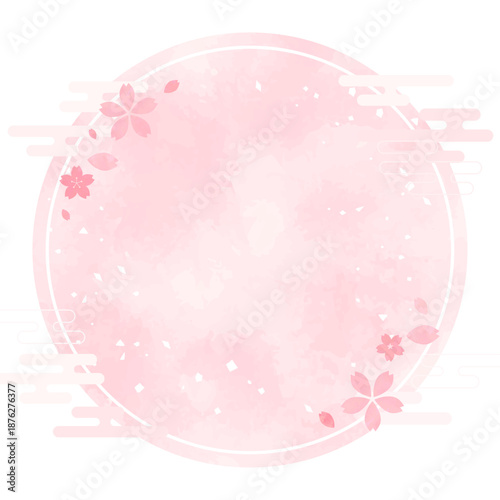 桜の手描き背景と丸フレーム_背景なし_正方形