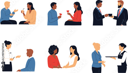 Set of flat characters showing people meeting for coffee, wine and dinner in a cafe