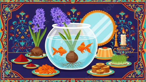 Goldfish Swimming in Bowl with Hyacinth and Haft-Seen on Persian Rug