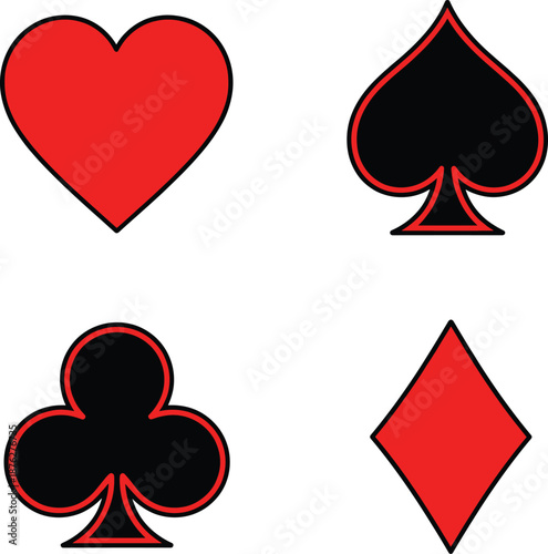 Classic playing card suits icons set featuring hearts spades clubs diamonds symbols isolated on white background vector illustration design collection