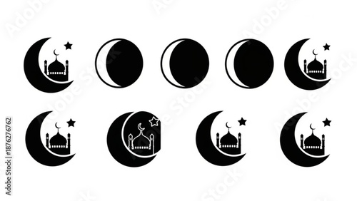 Ramadan Crescent Moon Icons with Mosque Silhouettes and Stars