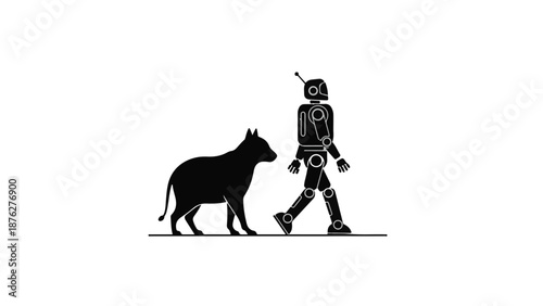 A robot and a cat walking together outdoors on a white background, symbolizing companionship
