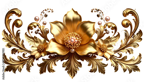 Ornate golden floral centerpiece with pearl accents on a black background
