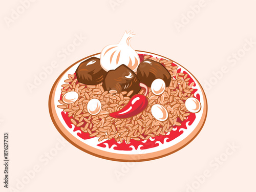 Uzbek plov pilaf with meat and garlic vector illustration