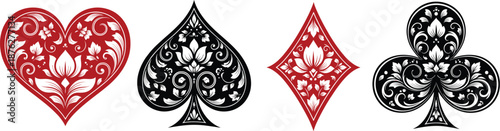 Ornate playing card suits with floral decorative patterns hearts spades diamonds clubs luxury casino design on black background illustration