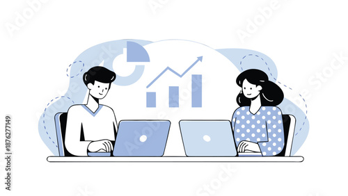 Business team working together on laptops with graphs