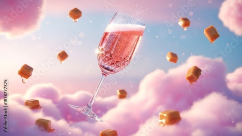 A champagne glass with pink sparkling wine floating among dreamy pink clouds and caramel cubes
