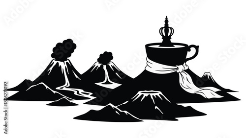 Whimsical landscape features volcanoes and a coffee cup with a crown, symbolizing a powerful brew.