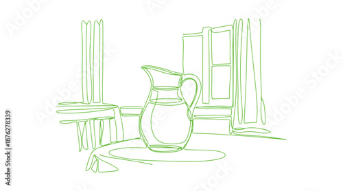 Here's a continuous line drawing of a water jug. The jug is shown in a line art format. The background includes a one line drawing. This is a vector illustration.

