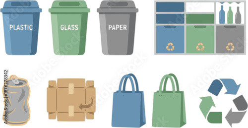 icon set illustrating modern home recycling station layouts. Includes labeled bins, modular shelving, crushed cans, flattened cardboard, glass sorting, and reusable bags.
