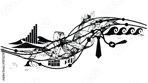 Abstract illustration symbolizing the chaotic flow of modern life, blending business and nature elements.