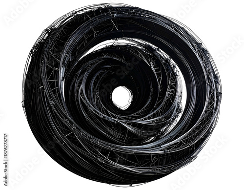 Complex, metallic spiral structure, creating a dark tunnel within sphere